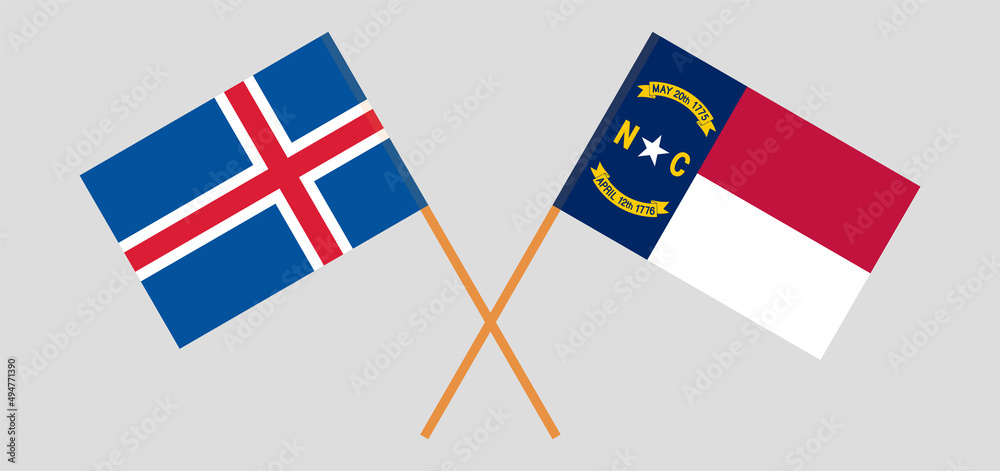 Crossed flags of Iceland and The State of North Carolina. Official colors. Correct proportion