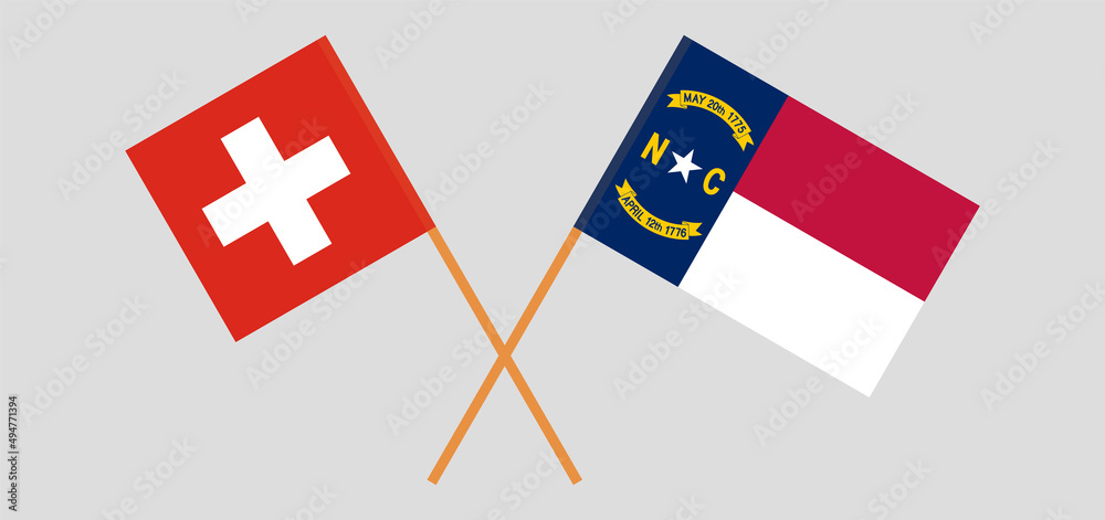 Crossed flags of Switzerland and The State of North Carolina. Official colors. Correct proportion