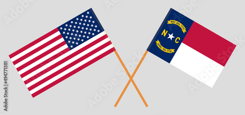 Crossed flags of the USA and The State of North Carolina. Official colors. Correct proportion