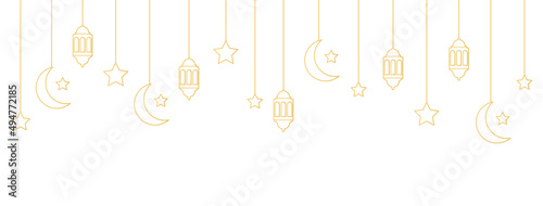 Ramadan Kareem long banner with hanging baubles. Golden lantern, crescent, star, lamp line icons. Arabian design element. Islam decoration. Greeting garland. Muslim festival. Vector illustration