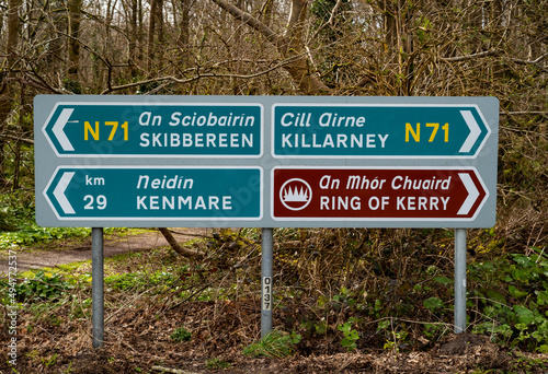 Road sign directions towards Skibbereen, Kenmare, Killarney and the ring of Kerry in the southwest of Ireland