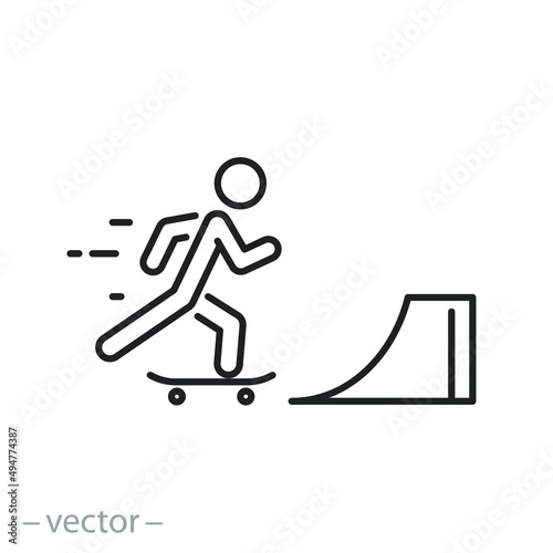 skater in the park icon, ride skateboard man, thin line symbol on white background - editable stroke vector illustration