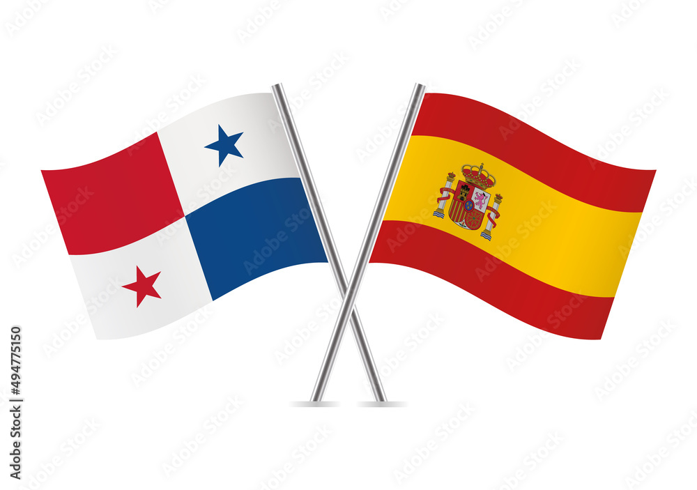 Panama and Spain crossed flags. Panamanian and Spanish flags, isolated on white background. Vector icon set. Vector illustration. Panama and Spain crossed flags. Panamanian and Spanish flags, isolated on white background. Vector icon set. Vector illustration.