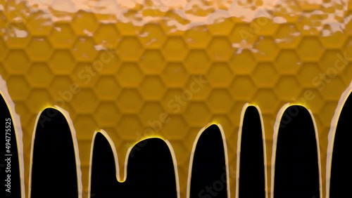 Sweet honey drips on transparent background, honeycomb are visible through the material. Liquid flowing down the surface in streams, melting streaks. 3D animation, alpha channel ProRes 4444 in 4k UHD.