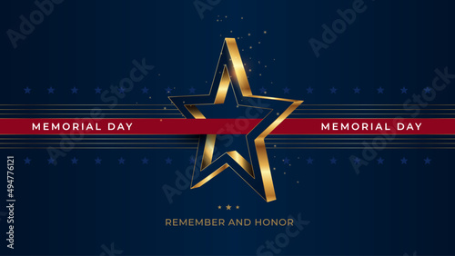 Memorial Day greeting card with 3D gold star. Vector illustration