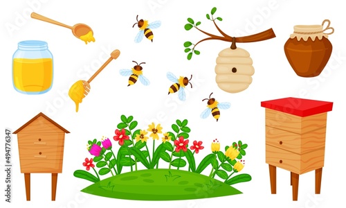 Vector illustration honey set. Bees, meadow, flowers, beehive, house for a bee. leaves, spoon, jar of honey, nature healthy lifestyle.