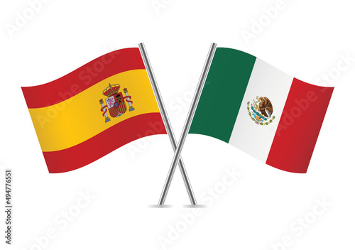 Spain and Mexico crossed flags. Spanish and Mexican flags, isolated on white background. Vector icon set. Vector illustration.