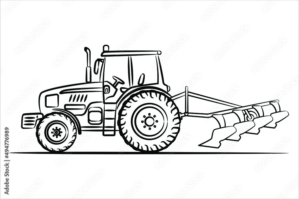 A hand drawn of a farm tractor isolated on white. Heavy agricultural