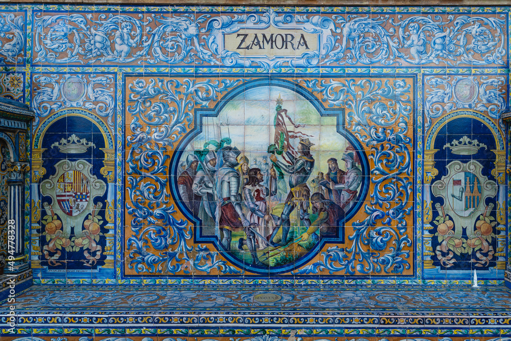 Plaza of Spain in Seville. Ceramic tiles with the theme of the province of Zamora, in Spain. 