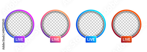 Social media avatar frames set. Colorful gradient frame for photo. Live, hashtag, location, add new icons. Web elements for social media