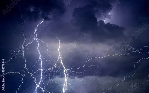 Fork lightning striking down during summer storm 