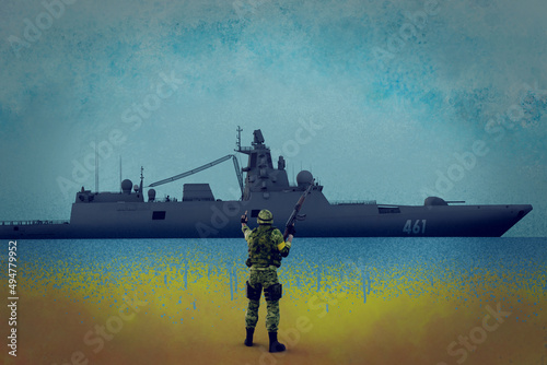Photo NO WAR IN UKRAINE Ukrainian Soldier VS Russian Ship 3d render