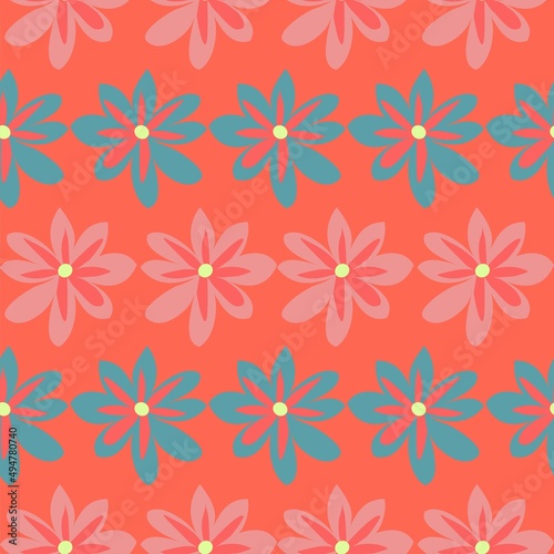 Cheerful vector floral repeat seamless pattern in pink, blue and coral pink
