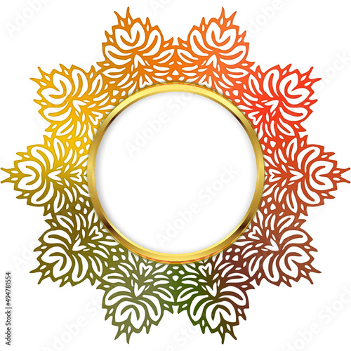 Golden circular frame surrounded by autumn leaves in gradient colors. photo