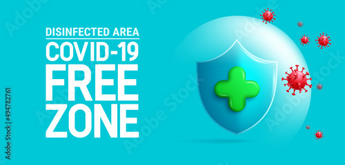 Covid free vector banner design. Covid-19 free zone text with virus shield and protection elements for safe and clean public place signage. Vector illustration.

