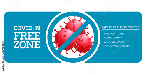 Covid free vector banner design. Covid-19 free zone text with safety instruction and virus protection icon elements for new normal public place safety. Vector illustration.
