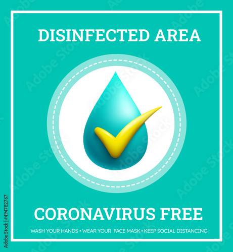 Coronavirus free vector design. Covid free and disinfected area text with safety and clean logo symbol element for new normal safe and clean location. Vector illustration.
