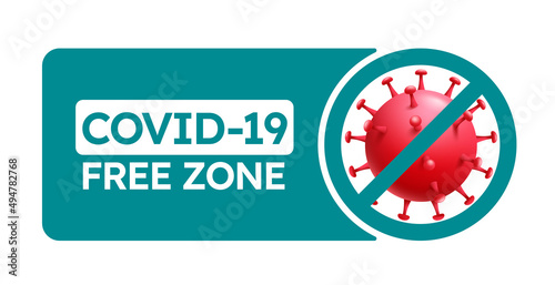 Covid free vector banner design. Covid-19 free zone text signage with virus shield logo and protection elements for disinfected public place symbol. Vector illustration.
