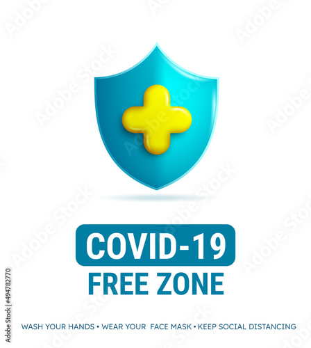 Covid-19 free vector poster design. Covid free text in protection shield logo with health and safety instruction in white background for new normal public location protection. Vector illustration.
