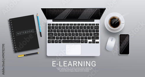Elearning online school vector design. E-learning text with online education elements of laptop, phone and mouse for home distance educational learning. Vector illustration.  
