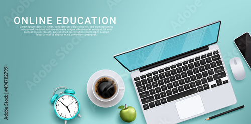 Online education school vector design. Online education text with laptop and phone distance learning elements for e-learning web course. Vector illustration.  
