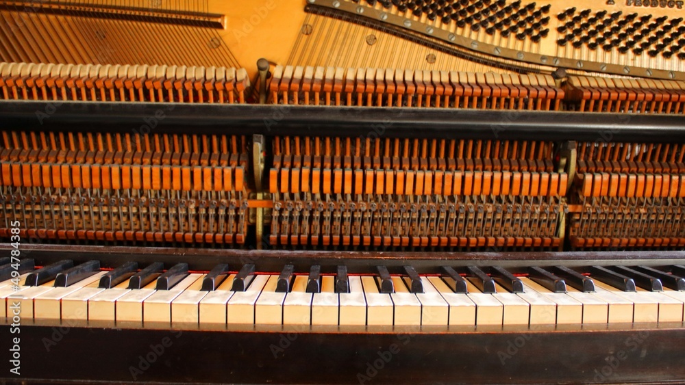 The anterior view of an exposed upright/vertical piano and its inner strings and components The anterior view of an exposed upright/vertical piano and its inner strings and components