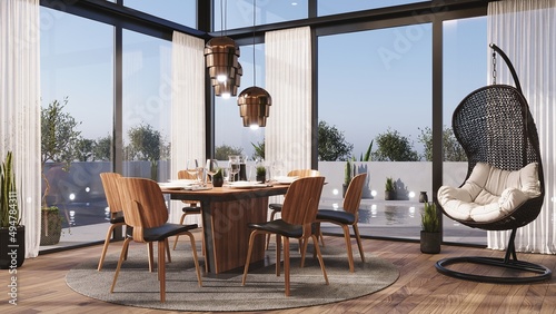 Dining table and chairs. Terrace view. Table setting for lunch or dinner. 3D render. Wicker Hanging Chair Egg for Leisure