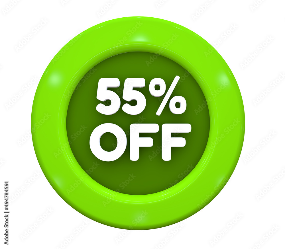3D Illustration. Button with text: 55% off. Special Offer for big sales. White text on a green background. 3D Illustration. Button with text: 55% off. Special Offer for big sales. White text on a green background.