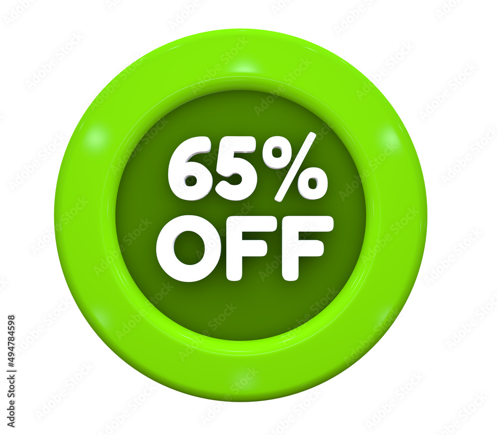 3D Illustration. Button with text: 65% off. Special Offer for big sales. White text on a green background. 3D Illustration. Button with text: 65% off. Special Offer for big sales. White text on a green background.