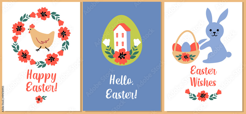 Easter card templates set with vector illustration: chicken, bunny, flowers, eggs