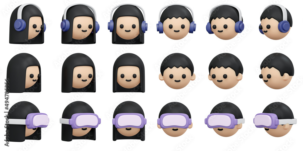 3D Rendering of collection of caucasian male and female face rotate in many views animation with VR metaverse glasses and headphone isolate on white background. 3D Render illustration cartoon style.