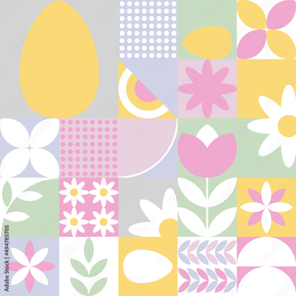 Wesołych Świąt Wielkanocnych - wiosenna mozaika z jajkami i kwiatami. Powtarzający się wzór na kartki świąteczne. - obrazy, fototapety, plakaty 