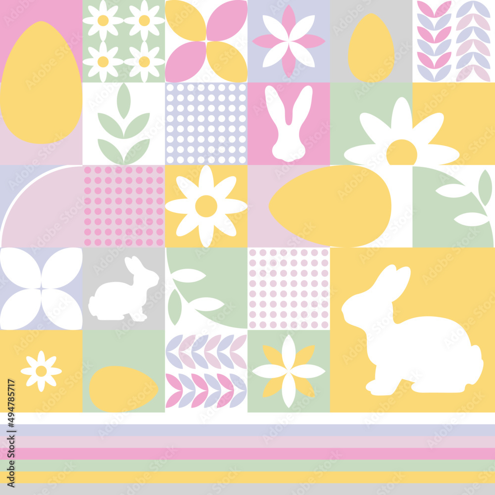 Wesołych Świąt Wielkanocnych - kolorowa pastelowa mozaika z królikiem, jajkami i kwiatami. Powtarzający się wzór na kartki świąteczne. - obrazy, fototapety, plakaty 