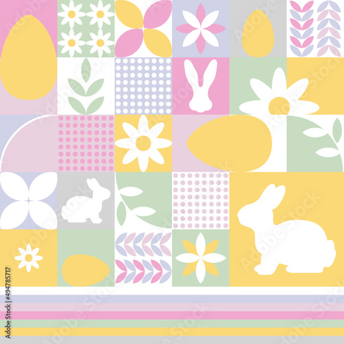 Wesołych Świąt Wielkanocnych - kolorowa pastelowa mozaika z królikiem, jajkami i kwiatami. Powtarzający się wzór na kartki świąteczne.