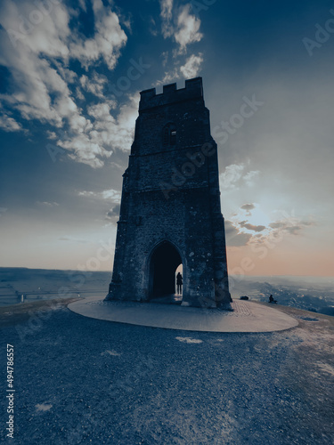 Glastonbury Town, old castle ruins, and Glastonbury Tor. English County in Somerset.