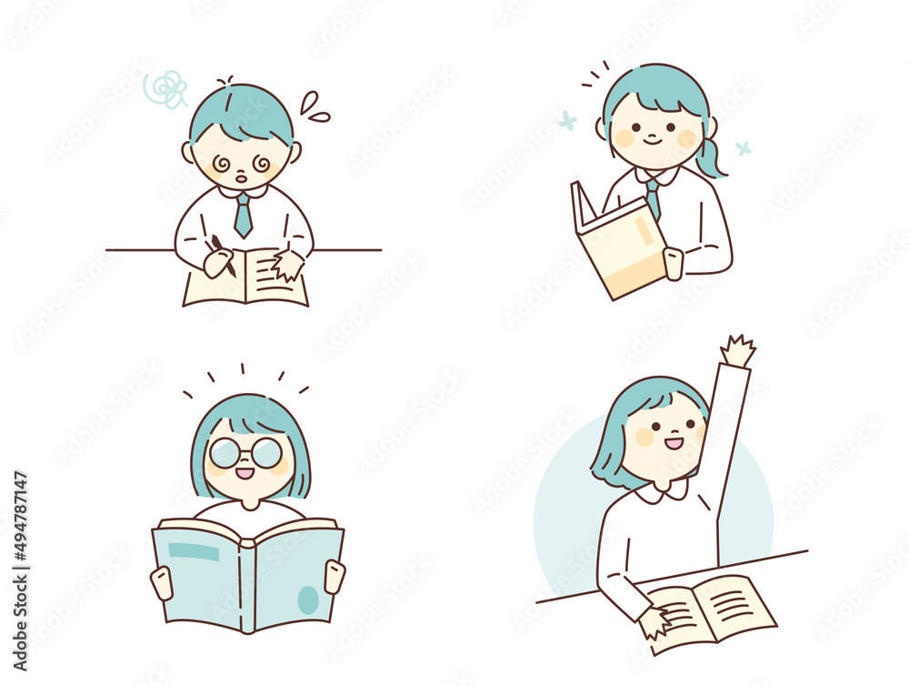 A character with a round face. Smart students are sitting at their desks and studying. outline simple vector illustration. A character with a round face. Smart students are sitting at their desks and studying. outline simple vector illustration.