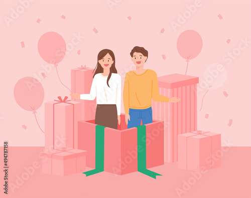 A man and a woman popped out of a large gift box. Gift boxes are stacked in the background. flat design style vector illustration.