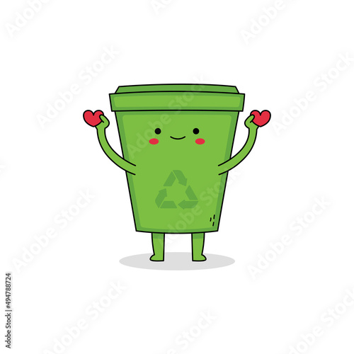 Cute green recycle bins cartoon character spreading love