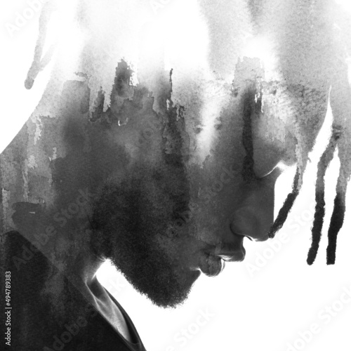 A portrait of a young man combined with an ink painting. Paintography.