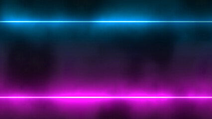Abstract blue and purple bright neon lines in smoke on the black background. 