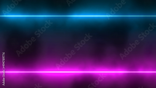 Abstract blue and purple bright neon lines in smoke on the black background. 