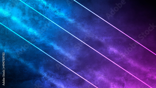Abstract colorful neon lines in smoke on the background of an old concrete wall, purple and blue lights in cyberpunk style, futuristic colors, modern creative design, energy pattern