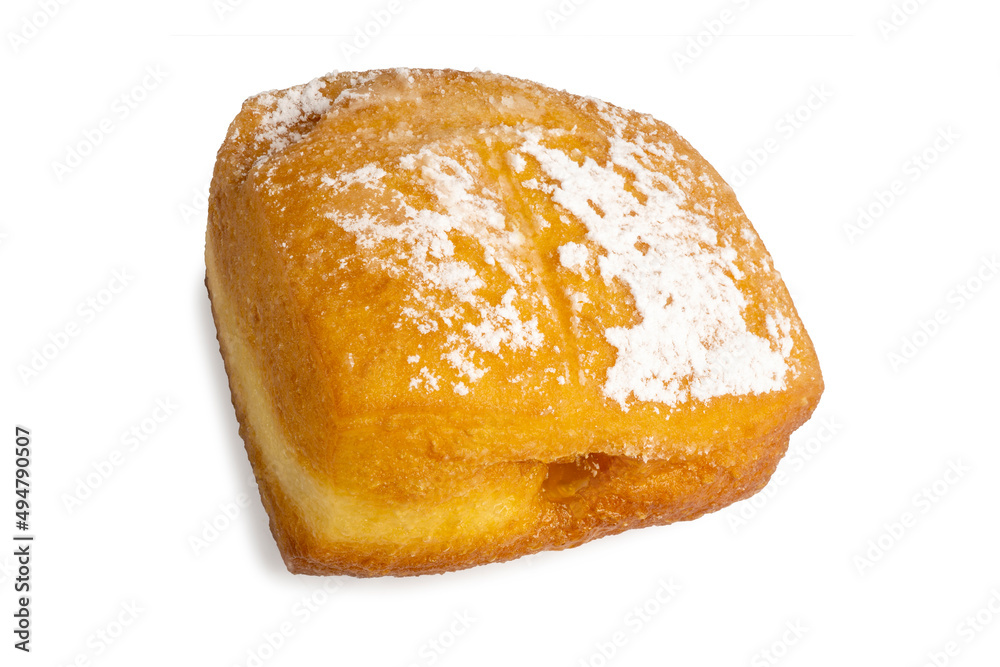 Traditional French Beignets, Doughnuts filled with passion fruit sauce and sprinkled with icing sugar, isolated on white background. Clipping path