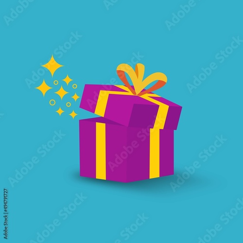 Open gift box, ribbons and confetti isolated on blue light background.