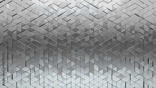 Glossy Tiles arranged to create a Luxurious wall. Triangular, Silver Background formed from 3D blocks. 3D Render photo