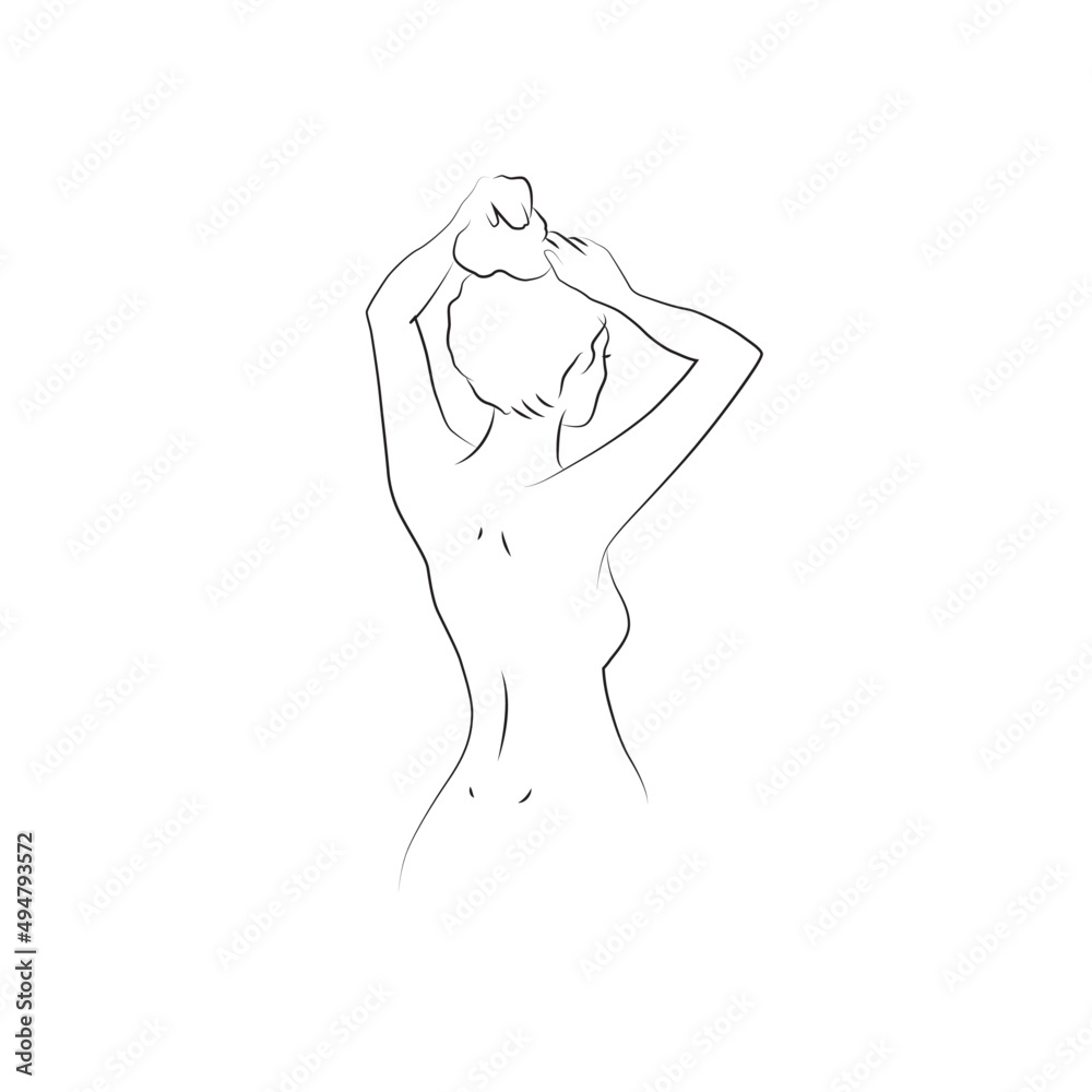 Fototapeta premium Line sketch of woman standing with her hair back back vector illustration
