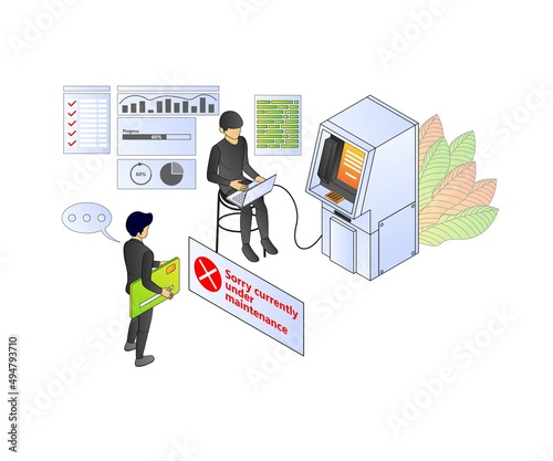 Illustration of premium vector isometric style about atm banking and finance with a character