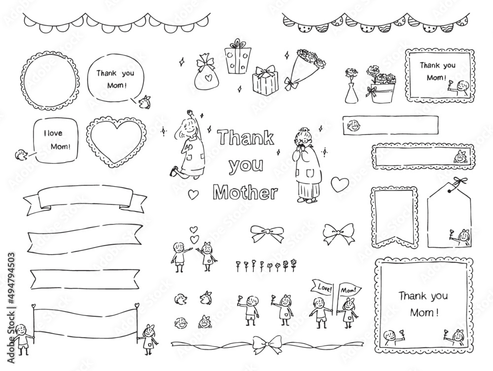 母の日のシンプルなイラストフレームセット-子供からのプレゼント-手描きの線画 母の日のシンプルなイラストフレームセット-子供からのプレゼント-手描きの線画