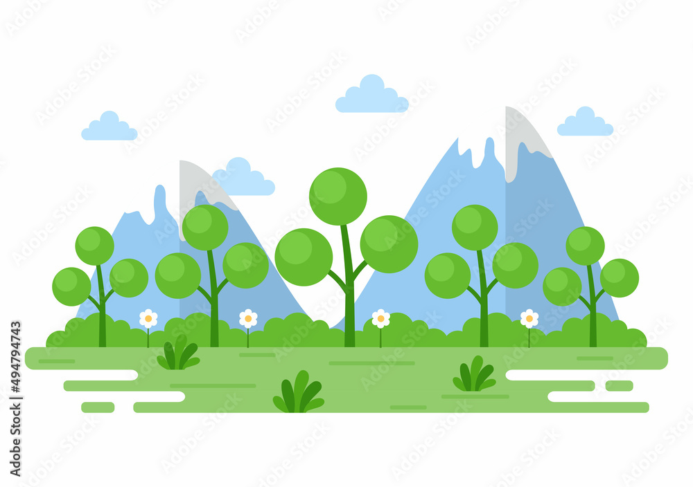 Fototapeta premium Nature and Landscape Unique of Trees, Forest, Mountains, Flowers or Plants in Spring and Summer Background in Abstract Different Shapes Flat Style Illustration