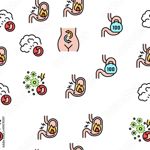 Digestion Disease And Treatment Icons Set Vector. Digestion System And Gastrointestinal Tract, Examining And Consultation, Heartburn And Gassing Black Contour Illustrations